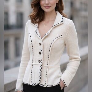 Anthropologie One Girl Who Cream Knit Jacket with Black Stitching Size Medium